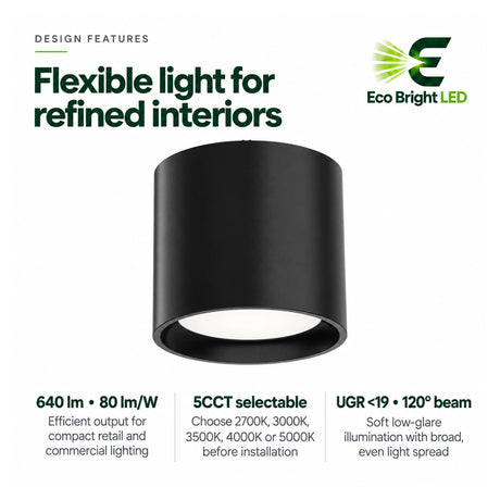 Black 5-inch LED cylinder downlight with 5CCT selectable color temperatures and low-glare 120° beam