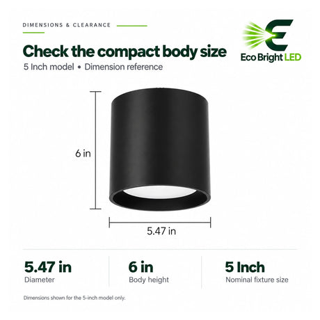 Black 5-inch LED cylinder downlight dimension reference showing 6-inch body height and 5.47-inch diameter
