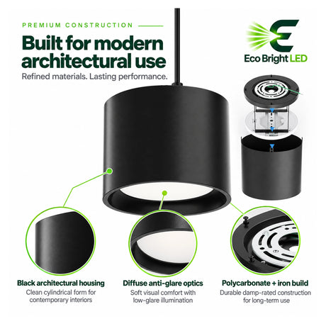Black 5-inch LED cylinder downlight with diffuse anti-glare optics and architectural surface-mount housing