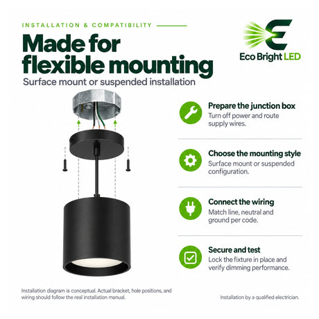 Black 5-inch LED cylinder downlight shown with surface-mount or suspended installation components and wiring steps