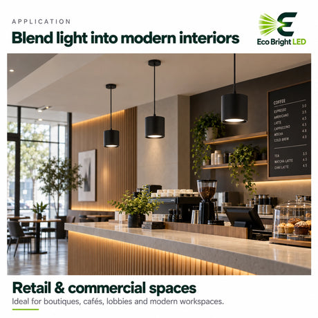 Black 5-inch LED cylinder downlights over a modern café counter for retail and commercial interior lighting