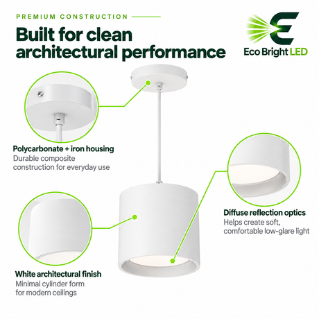 White 5 inch LED cylinder downlight with low-glare diffuse optics and durable polycarbonate and iron housing