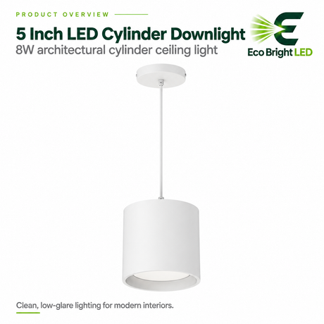 White 5-inch 8W LED cylinder downlight suspended from the ceiling for low-glare architectural lighting