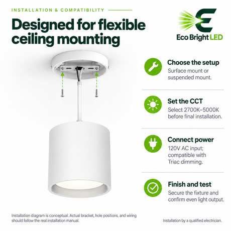 White LED cylinder downlight shown with surface or suspended mounting, selectable 2700K–5000K CCT, and Triac dimming