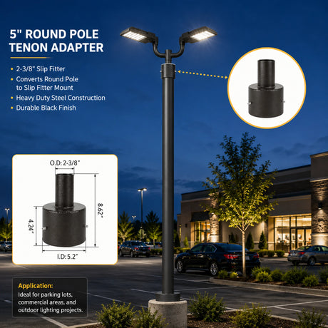 5-inch round pole tenon adapter with 2-3/8 slip fitter for parking lot and area lights