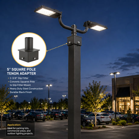 Black 5 inch square pole tenon adapter with 2-3/8 slip fitter for area light mounting