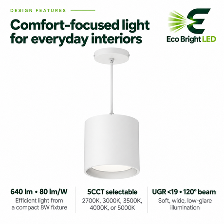 White 5-inch LED cylinder pendant downlight with 5CCT selectable color temperatures and 120-degree low-glare beam