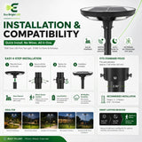 50W 5700K solar LED post top light installation guide showing pole fit, motion sensor, and dusk to dawn use