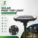 50W 5700K solar LED post top light with motion sensor, round solar panel, and dusk to dawn pathway scene