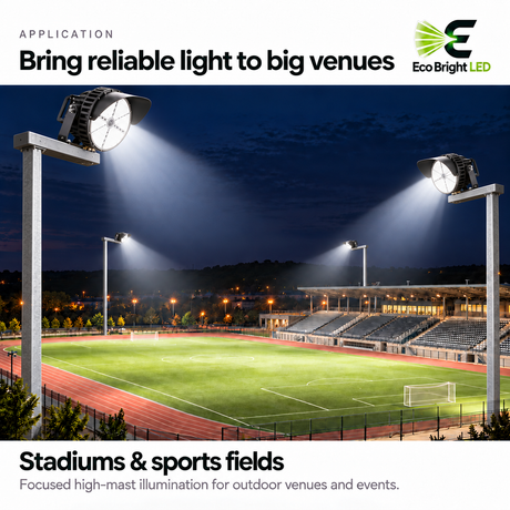 500W LED sport lights illuminate a soccer stadium and running track from high-mast poles at night