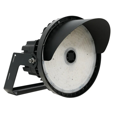 Black 500W 5000K LED sport light with round front lens, glare shield, and slotted mounting bracket