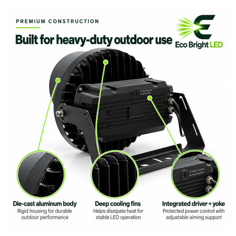 Rear view of 500W 5000K LED sport light with deep cooling fins and adjustable mounting yoke