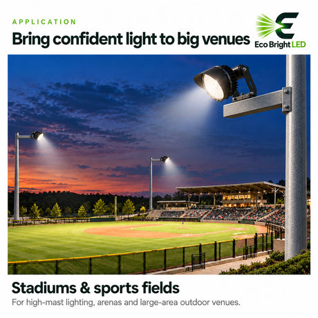 500W 5000K LED sport light mounted on a high mast pole illuminating a baseball stadium and sports field at dusk