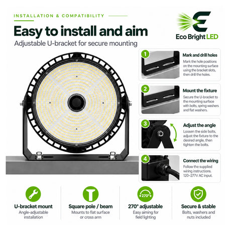 500W 5000K LED sport light with adjustable U-bracket, 270-degree aiming, and mounting steps for sports fields