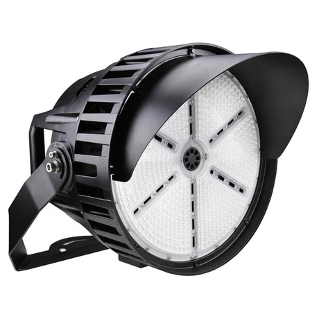 Black 500W LED sport light with adjustable mounting bracket and circular multi-panel lens for stadiums and sports fields