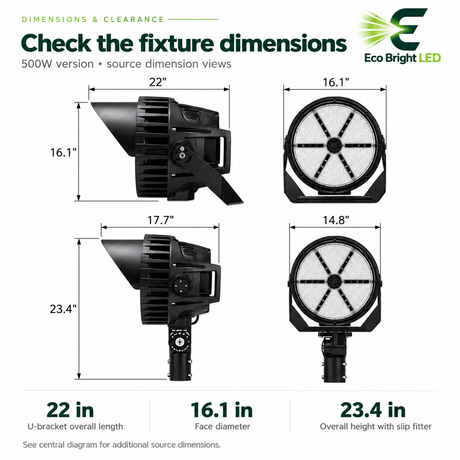 500W LED sport light shown in side and front views with 22-inch length, 16.1-inch face, and 23.4-inch height
