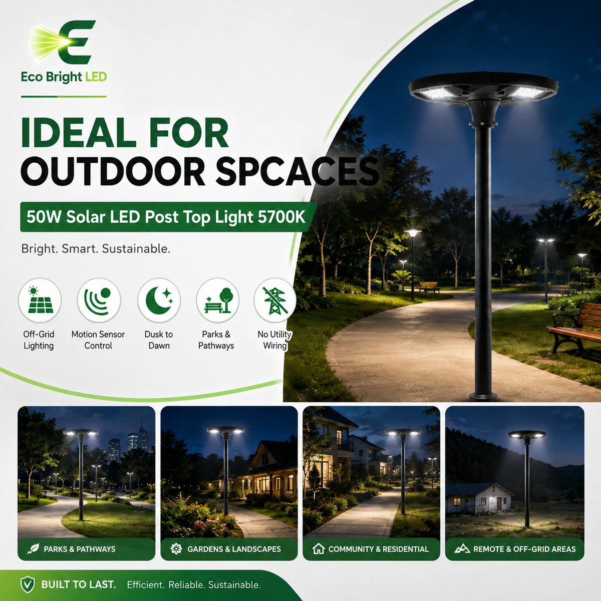 50W 5700K solar LED post top light illuminating a curved park pathway at night with benches and landscaping