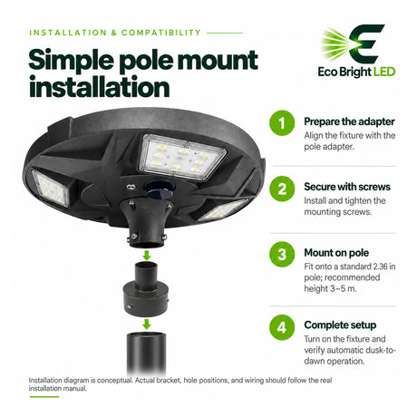 Black 50W 5700K solar LED post top light shown with pole adapter and step-by-step mounting instructions