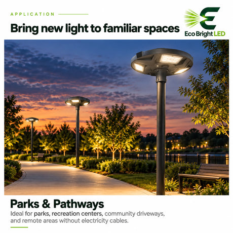 50W 5700K solar LED post top lights illuminating a landscaped park pathway at dusk