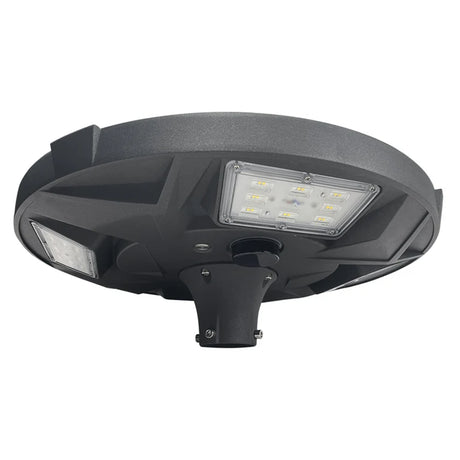 Black 50W 5700K solar LED post top light with multiple visible LED panels and central pole mounting base