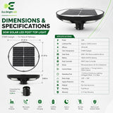 50W 5700K solar LED post top light specification graphic with round panel, pole mount, and outdoor features