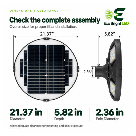 Solar LED post top light with circular solar panel, 21.37-inch diameter, 5.82-inch depth, and 2.36-inch pole diameter