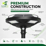 50W 5700K solar LED post top light with black housing, top solar panel, optical lenses, and motion sensor
