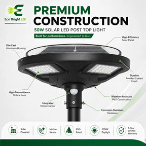 50W 5700K solar LED post top light with black housing, top solar panel, optical lenses, and motion sensor