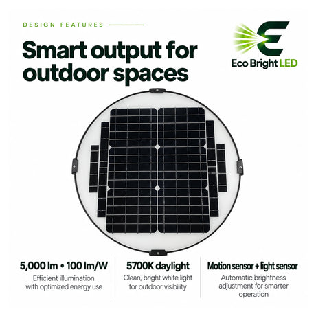 Round 50W solar post top light with 5700K daylight, solar panel, motion sensor, and light sensor