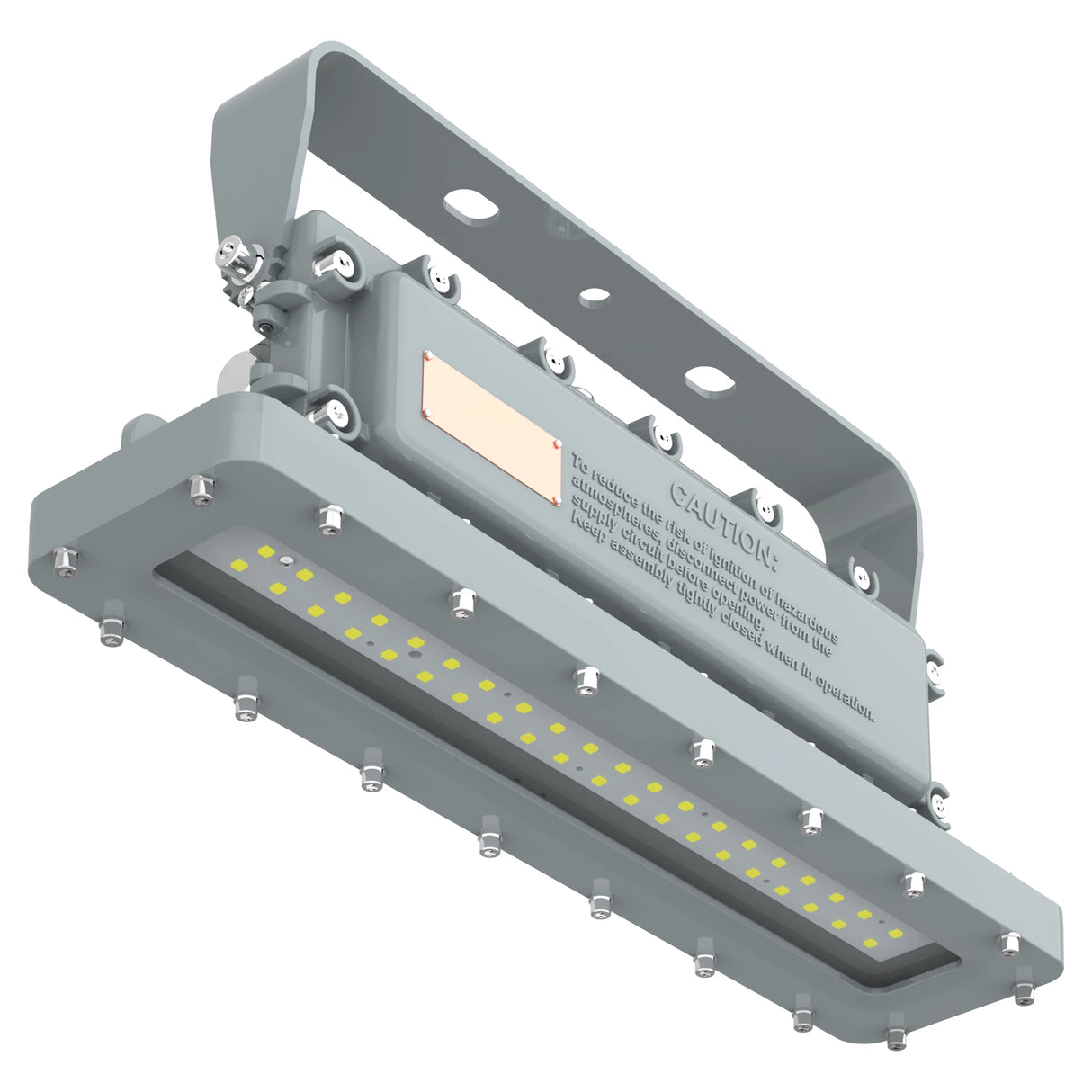 Close-up of the integrated junction box and driver compartment on a 50W Class I Div 1 LED linear high bay fixture.