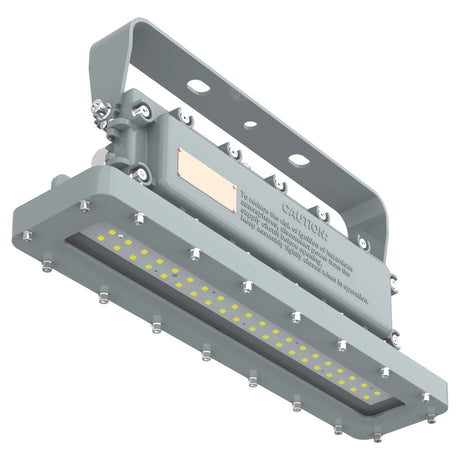 Close-up of the integrated junction box and driver compartment on a 50W Class I Div 1 LED linear high bay fixture.