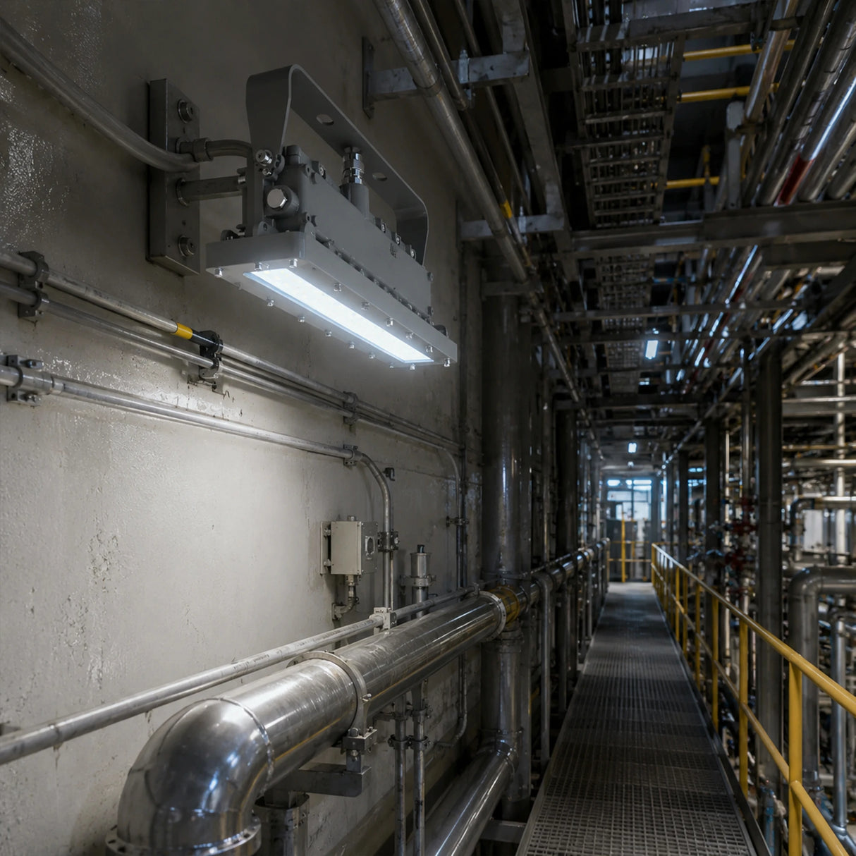 50W C1D1 explosion proof 1x2 linear light illuminating an industrial catwalk and piping area