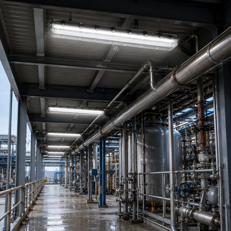 50W 7024lm 5000K C1D2 vapor-proof LED fixtures illuminate a wet industrial corridor with pipes and tanks.