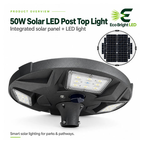 50W 5700K solar LED post top light with integrated solar panel and multiple LED modules for parks and pathways