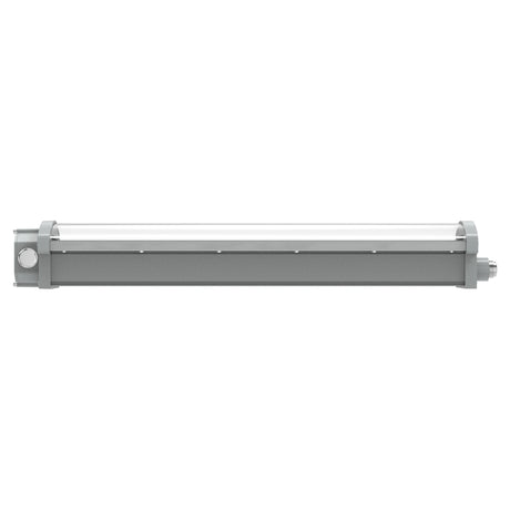 Front view of 40W C1D2 LED linear explosion proof light with frosted lens and 5,600lm output for factory safety.