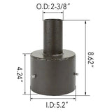 5 inch round pole tenon adapter dimensions: 5.2 in ID base, 8.62 in height, 2-3/8 in OD tenon, 4.24 in body