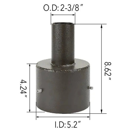 5 inch round pole tenon adapter dimensions: 5.2 in ID base, 8.62 in height, 2-3/8 in OD tenon, 4.24 in body