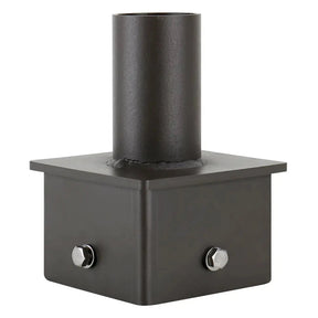 Dark bronze 5 inch square pole tenon adapter with 2-3/8 in OD tenon for area lights and parking lot lights