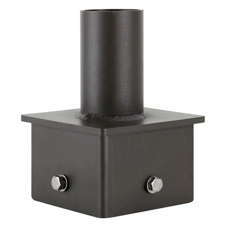 Dark bronze 5 inch square pole tenon adapter with 2-3/8 in OD tenon for area lights and parking lot lights