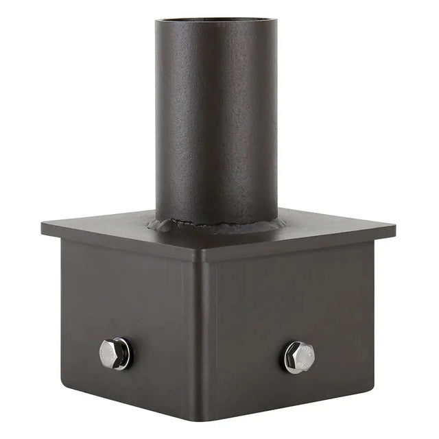 Dark bronze 5 inch square pole tenon adapter with 2-3/8 in OD tenon for area lights and parking lot lights
