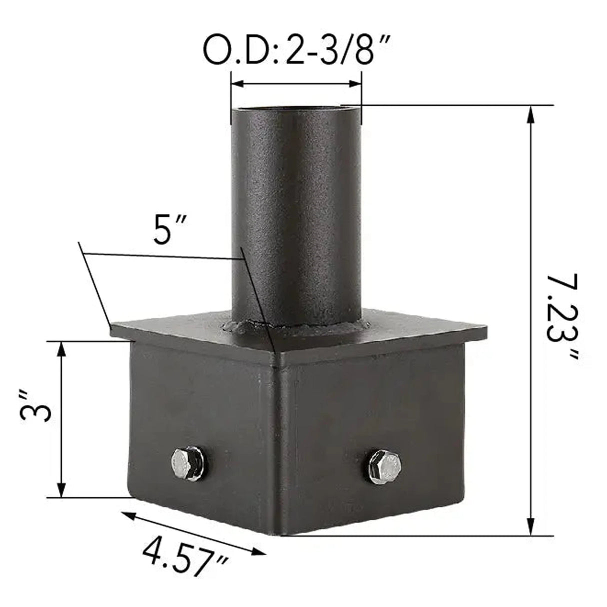 5 inch square pole tenon adapter dimensions: 4.57 in base, 7.23 in height, 2-3/8 in OD tenon, 3 in body