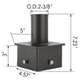 5 inch square pole tenon adapter dimensions: 4.57 in base, 7.23 in height, 2-3/8 in OD tenon, 3 in body