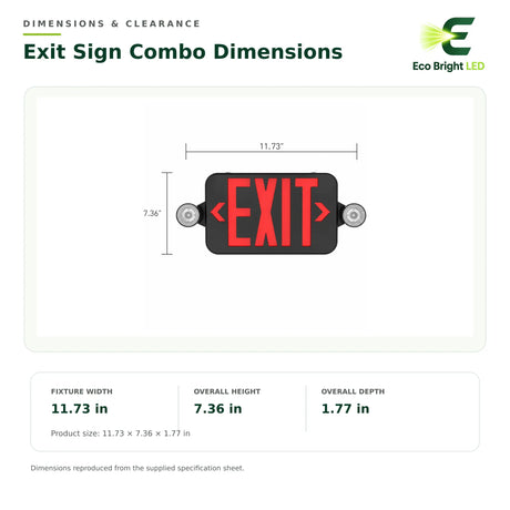 5W black LED exit sign combo dimensions graphic showing 11.73 inch width, 7.36 inch height, and 1.77 inch depth