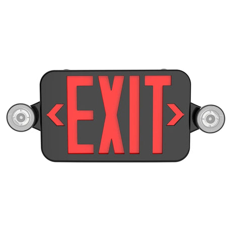 Black LED exit sign combo with red lettering, directional arrows, and dual adjustable emergency light heads