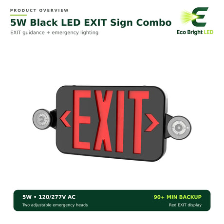 Black 5W LED exit sign combo with red EXIT display and two adjustable emergency light heads