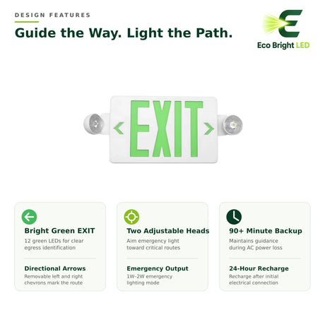 Green LED exit sign combo with directional arrows, two adjustable emergency light heads, and backup features