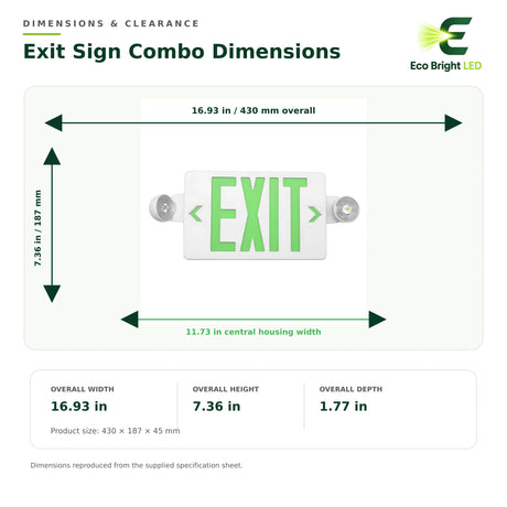 Green LED exit sign combo dimensions showing 16.93 inch width, 7.36 inch height, and 1.77 inch depth