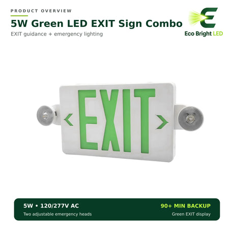 5W green LED exit sign combo with two adjustable emergency heads and 120/277V AC backup