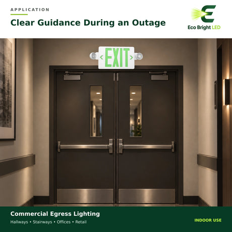 5W green LED exit sign combo mounted above commercial double doors with dual emergency light heads indoors