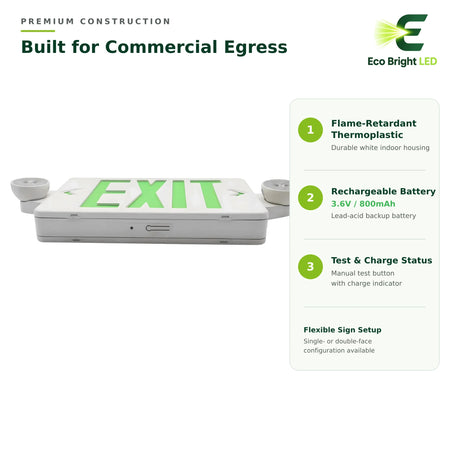 5W green LED exit sign combo with white thermoplastic housing, rechargeable battery, and manual test button